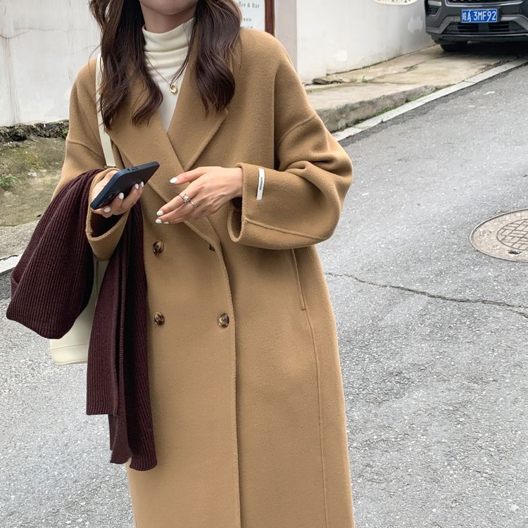 lovwvol frat boy outfits New Autumn and Winter Korean Style Loose Small Hepburn Style Woolen Coat Oatmeal Color Double-Sided Cashmere Coat for Women