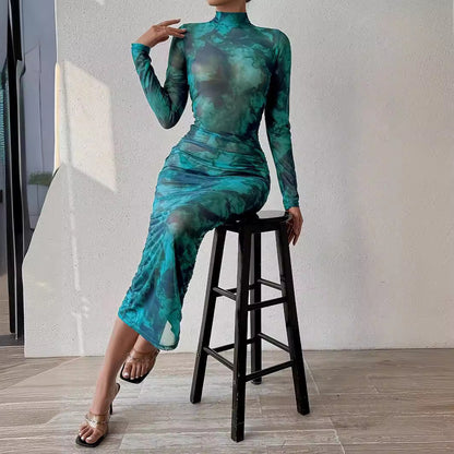 lovwvol widow dress to impress Spring New Fashionable Elastic Transparent Mesh Digital Printing Dress Sexy Hip-Wrapped Temperament Dress