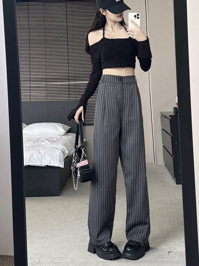 lovwvol frat outfits Navy Blue Striped Wide-Leg Pants for Women Autumn and Winter New Casual Suit Pants Draping Trousers for Women