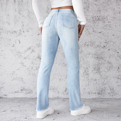 2025 summer new Popularan beautiful women's jeans fashion simple slim straight light blue trousers New preferred