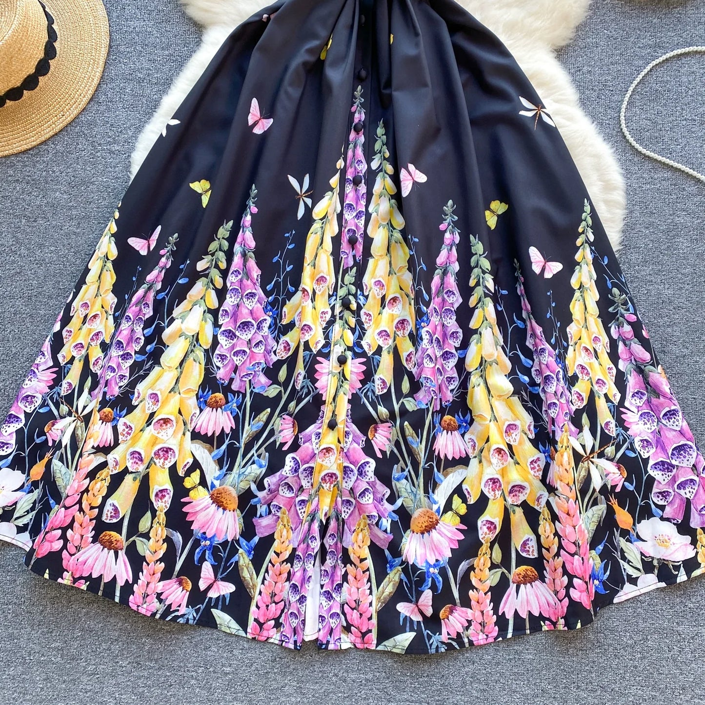 lovwvol Runway Summer Holiday Flower Tank Dress Women's Sleeveless Bow Neck Single Breasted Floral Print Belt Boho Vest Party