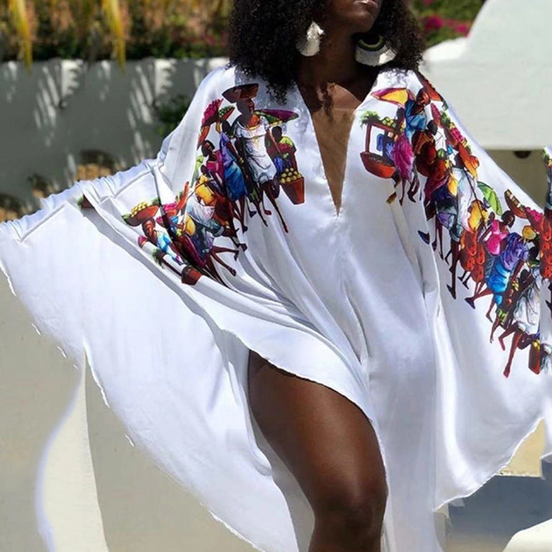 2025summer  Africa, Popular, , New face digital printing white dress loose and sexy long dress