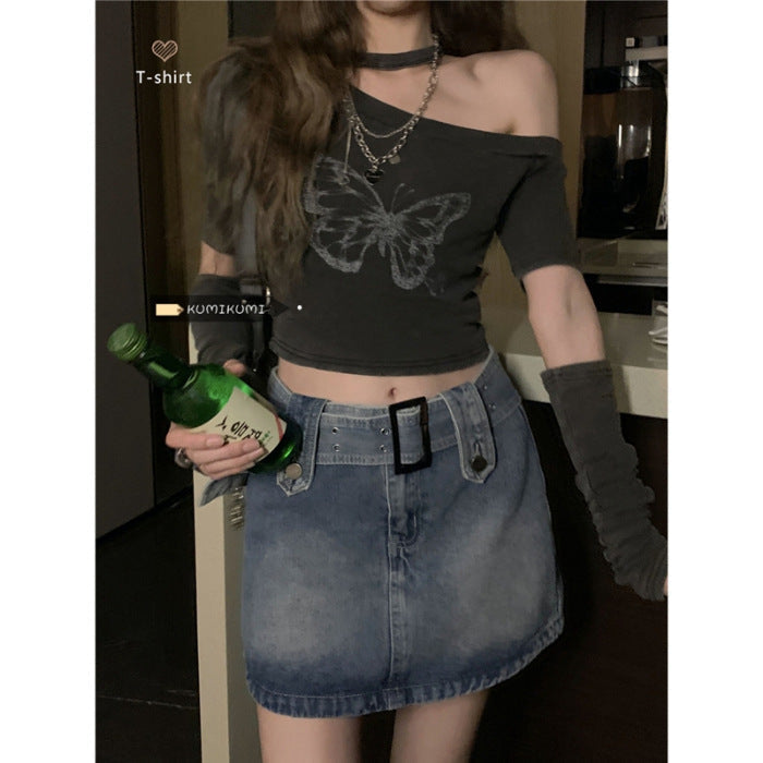 lovwvol grunge dti American Hot Girl off-Shoulder Short-Sleeved T-shirt Women's Summer Niche Slim-Fit off-Shoulder Halter Oversleeve Top Ins