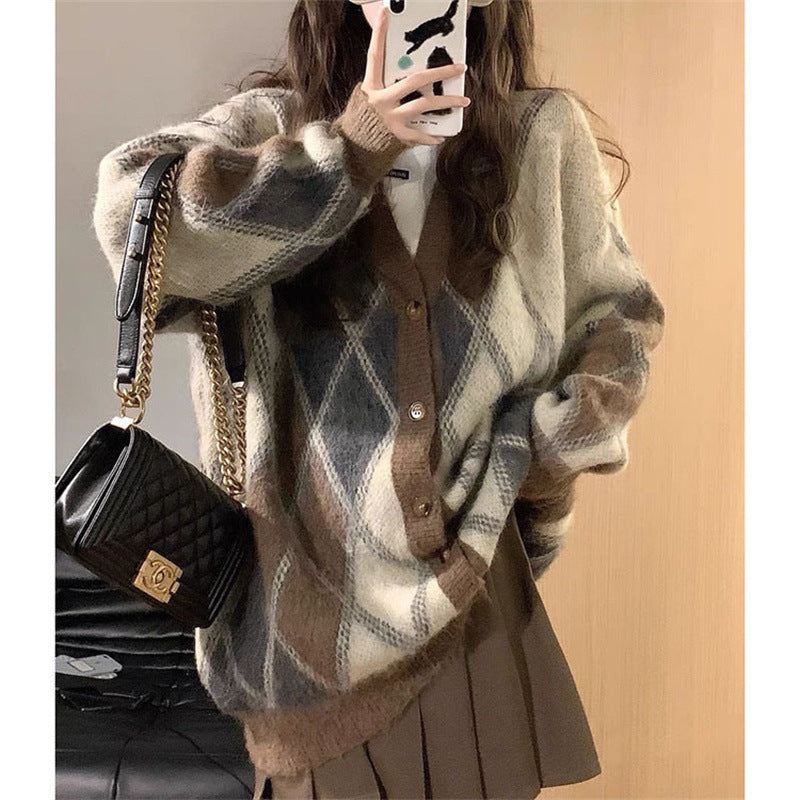 lovwvol fall fits Japanese Retro Rhombus Sweater Women's Autumn and Winter Loose Lazy Style Niche Soft Glutinous Knitted Cardigan Coat