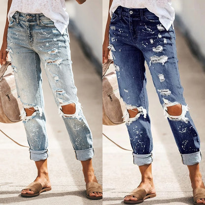 2025 Factory direct sales New   street hipster Popular trade hole straight print denim trousers women