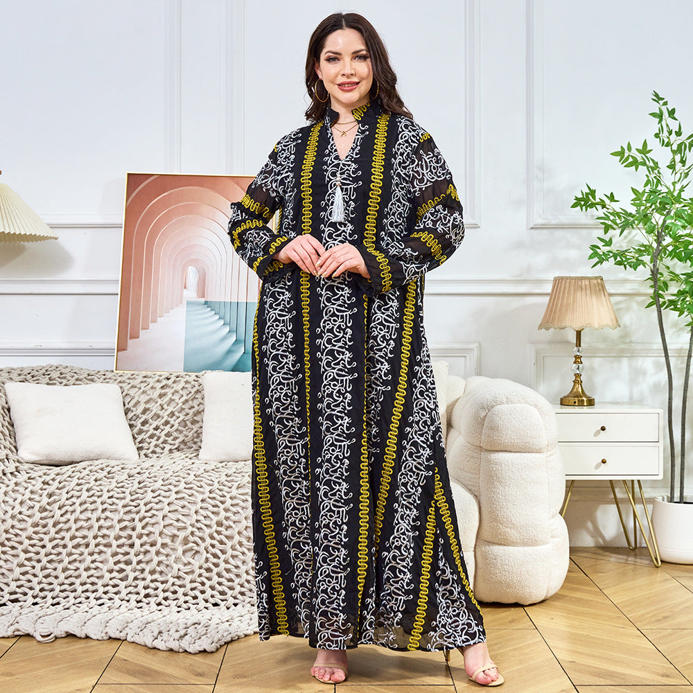 Middle East Popular trade autumn new muslim robe women's long dress fashion embroidery fringed black evening dress dress