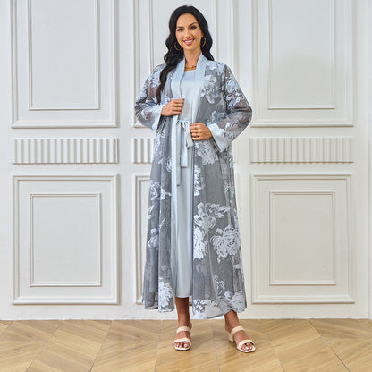 New Middle East New Muslim abaya robe dress floral casual dress cardigan two-piece women's clothing