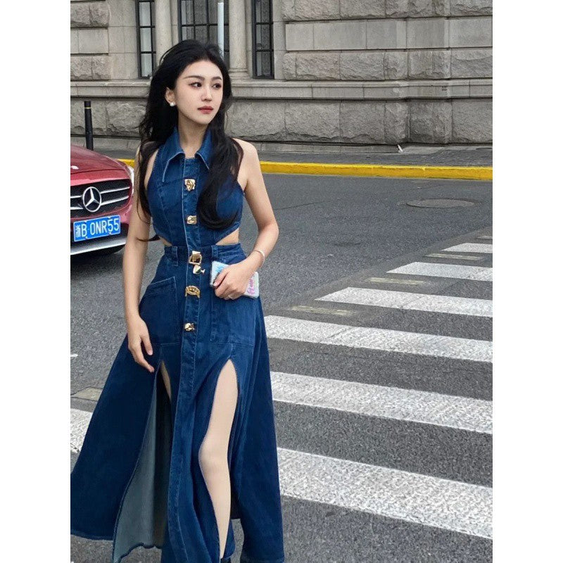 lovwvol frat boy outfits American Hot Girl Hollow-out Waist Denim Dress Women's Summer New Retro Temperament Sleeveless Split Dress