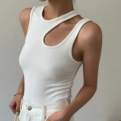 lovwvol going out outfits Women's Solid Color Hollow round Neck Sleeveless Slim Irregular T-shirt Women's Fashion Navel Top Vest Women