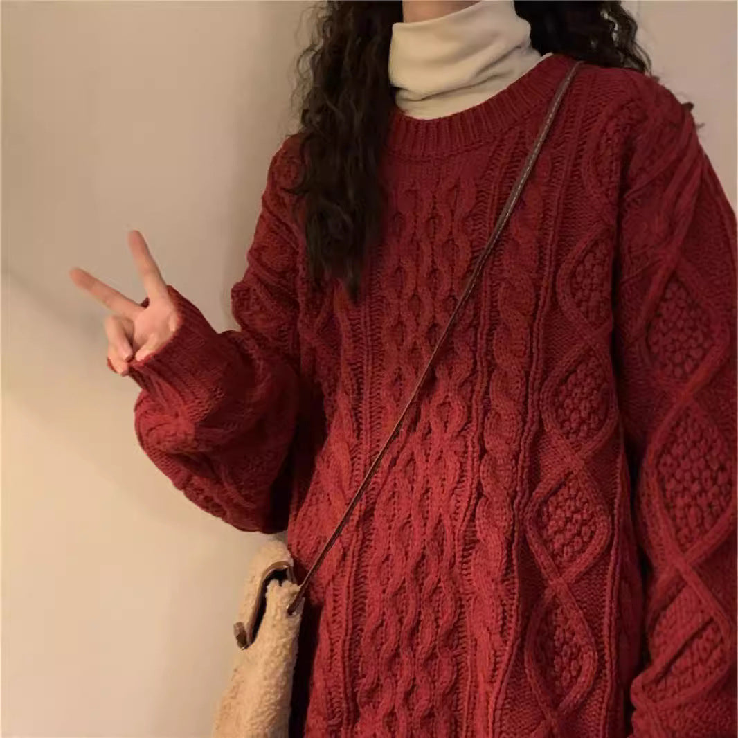 lovwvol fall sweater Red Twist Sweater Women's Autumn and Winter New Year All-Matching Thickened Japanese Style Lazy Retro Loose High-Grade Top