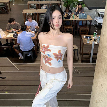 lovwvol men’s fashion Style Summer New Women's Street Fashion Flower Print Sexy Navel Wrapped Chest