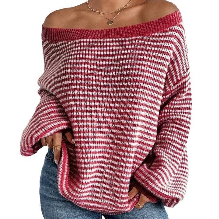 lovwvol fall sweater Off-Neck Sweater Versatile Loose Contrast Color Striped Lantern Sleeve Lazy Style Sweater for Women