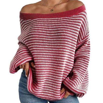 lovwvol fall sweater Off-Neck Sweater Versatile Loose Contrast Color Striped Lantern Sleeve Lazy Style Sweater for Women