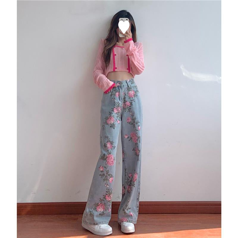 lovwvol summer fits Sweet Retro Jeans for Women Autumn New Niche Loose High Waist Slimming Hot Girl Straight Wide Leg Pants