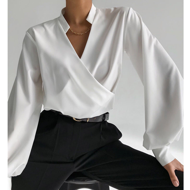 lovwvol work outfits women Spring New Satin Shirt French Style High-Grade Texture Wrap V-neck Puff Sleeve All-Match Shirt for Women