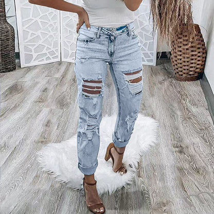 2025 Cross-border washed  women's elastic jeans  new spot light-colored ripped casual trousers