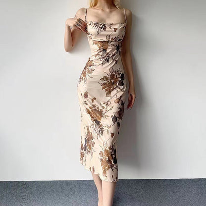 lovwvol y2k outfits French Style Light Mature Artistic Conception Oil Painting Retro Dress Swing Collar Slim Waist Strap Mid-Length Elegant New Chinese Style