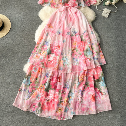 lovwvol Summer Runway Holiday Flower Cascarding Chiffon Dress Women Sexy Off Shoulder Ruffles Floral Print Boho Long Robe Vestidos