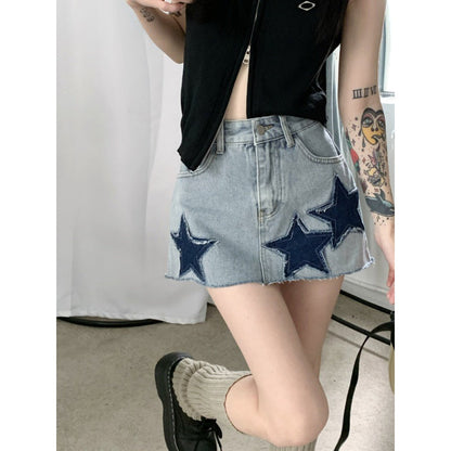 lovwvol y2k American Style Large Skirt Retro Star a Skirt Summer Hot Girl Design High Waist Slimming Denim Skirt