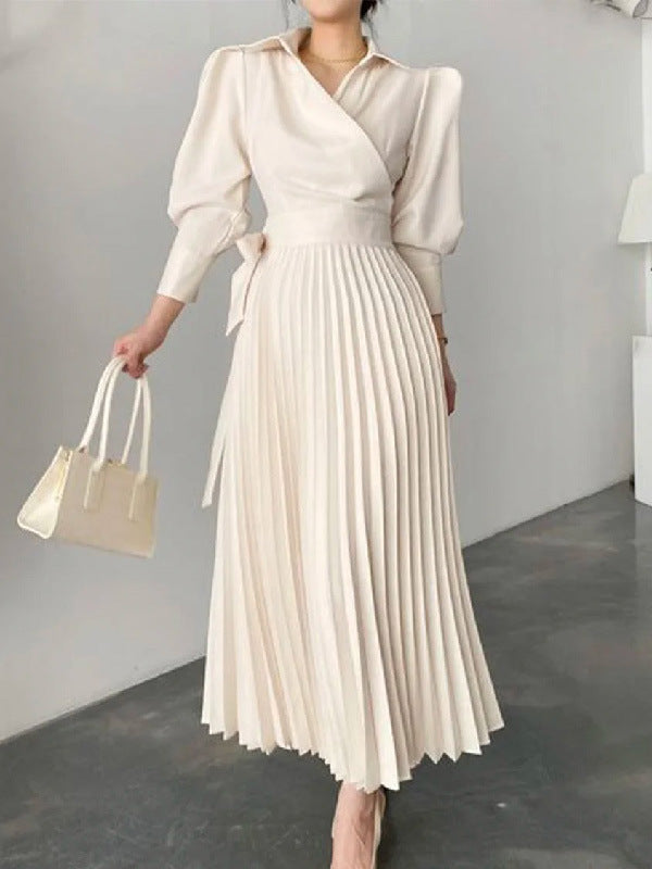 lovwvol work outfits women Summer New Simple Polo Collar Tight Waist Lace-up Pleated Long Dress