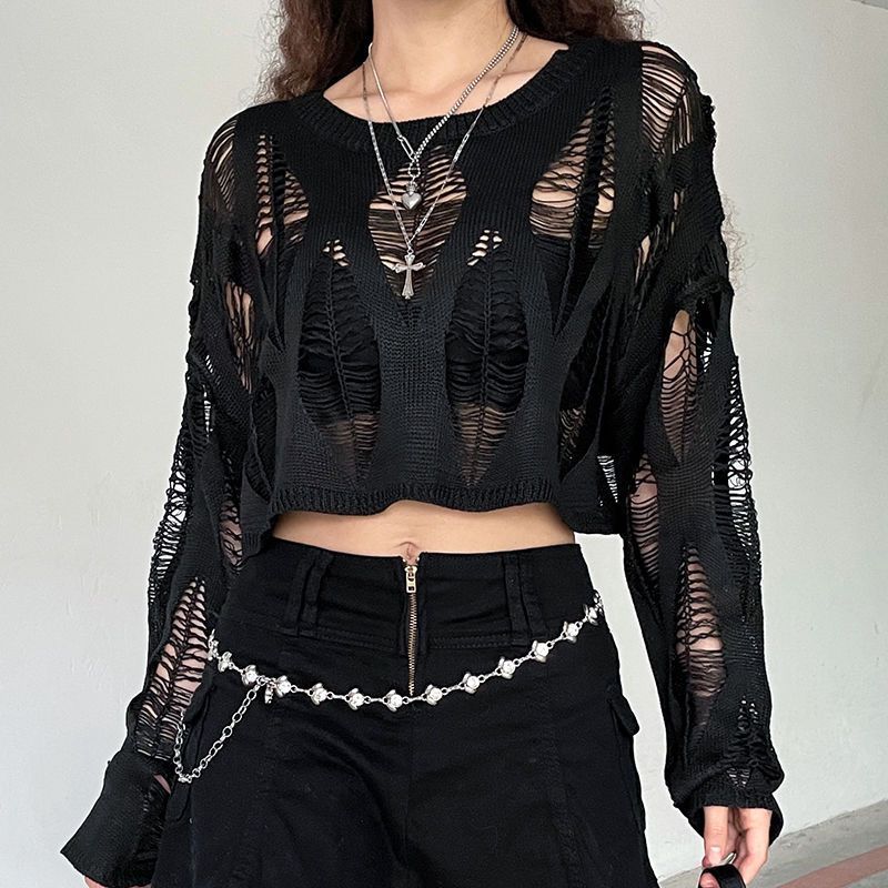 lovwvol y2k outfits Knitted Blouse T Top Summer and Autumn Women's Clothing Hot Girl Sexy Ripped Dark Hollow Long Sleeve