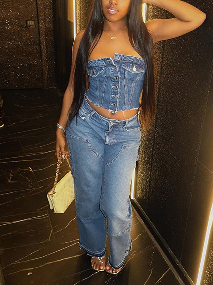 Strapless Button Denim Crop Top