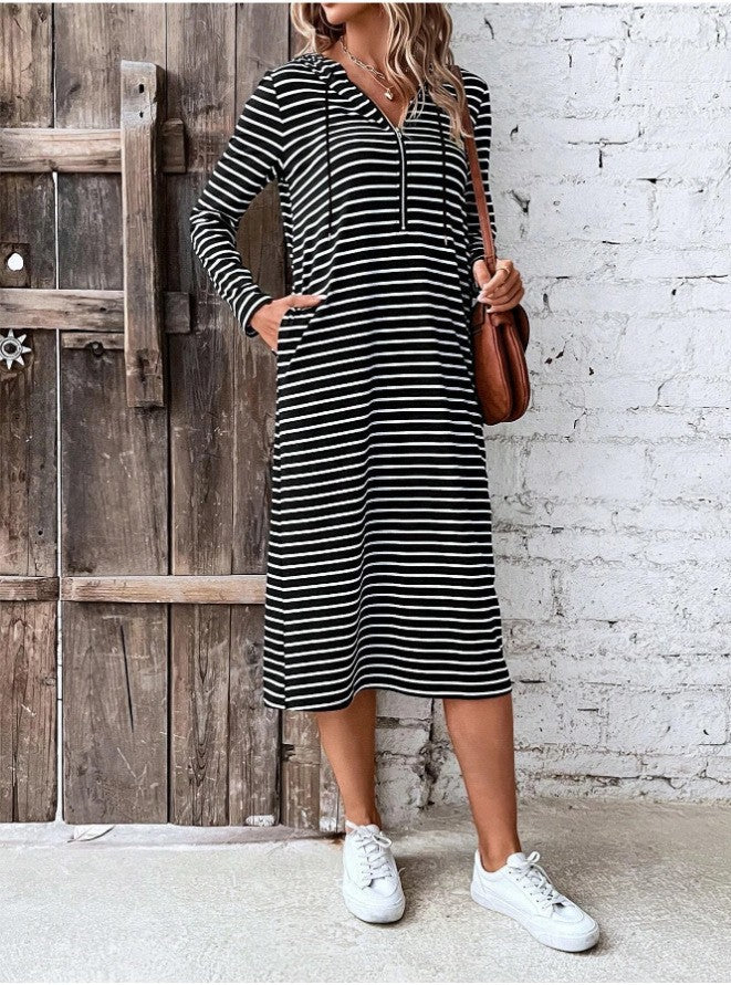 Popular trade  independent station popular 2025 autumn striped hooded slim-fitting fashion long-sleeved dress women