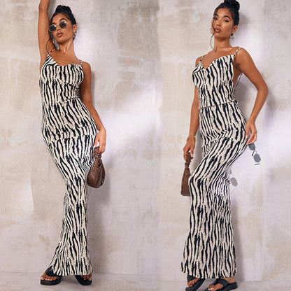 summer New Popular trade  2025 style fashion printing sexy V-neck backless suspender dress women