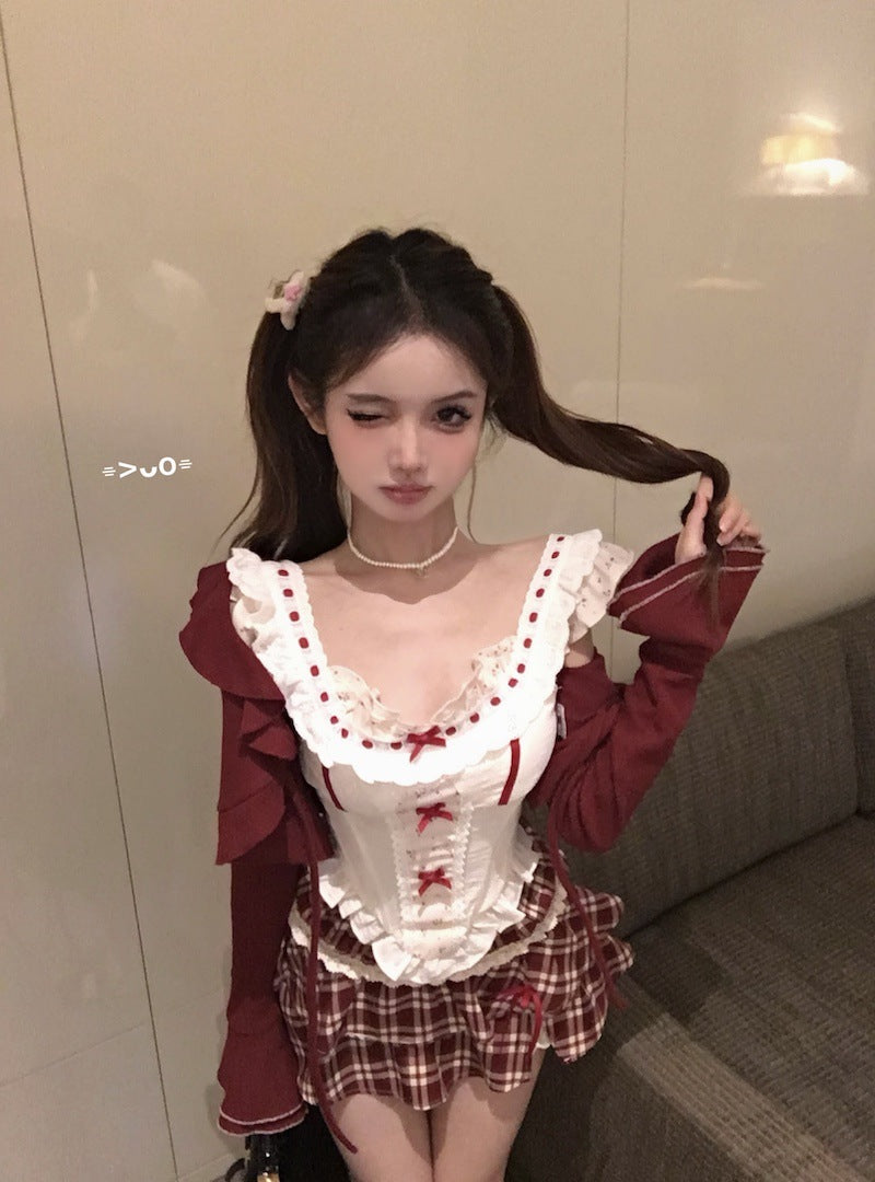 lovwvol harajuku fashion dress to impress Summer New Birthday Wear Suit Women's Cardigan Coat Vest Camisole Top Plaid Skirt Three-Piece Suit