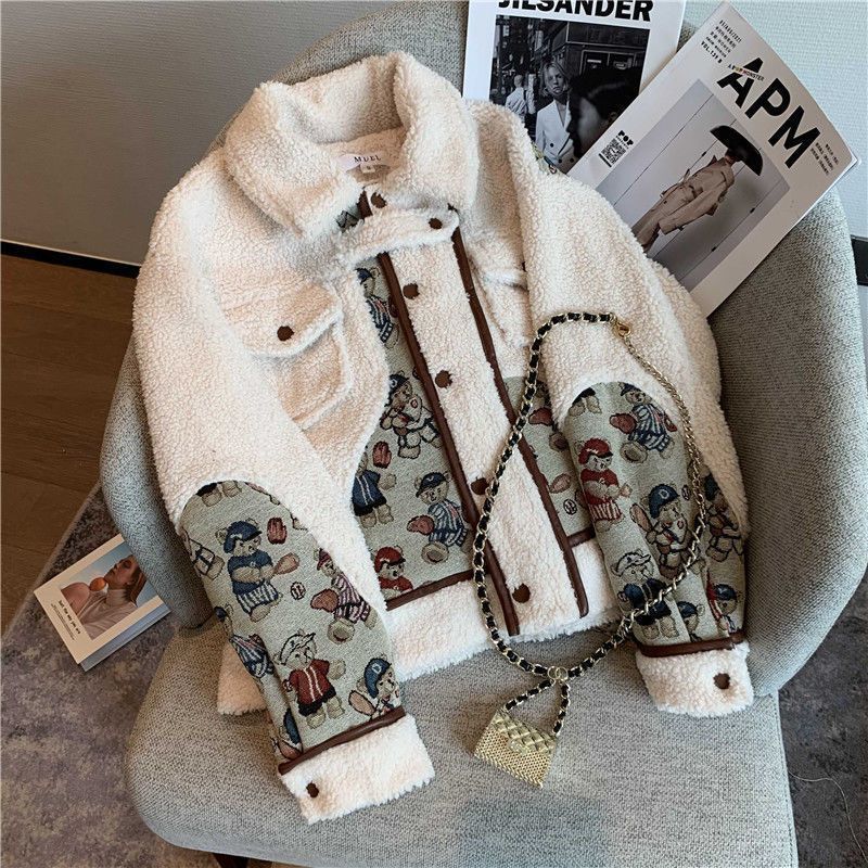 lovwvol 2000s fashion Girls' Fleece-Lined Coat New Autumn and Winter Lamb Wool Girls' All-Match Top Children's Sweater