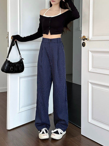 lovwvol frat outfits Navy Blue Striped Wide-Leg Pants for Women Autumn and Winter New Casual Suit Pants Draping Trousers for Women