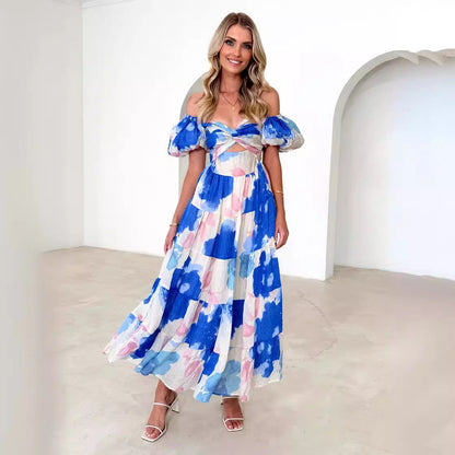 lovwvol summer outfits inspo Spring and Summer New Elegant Slim Print Puff Sleeve Large Swing High-End Dress Women