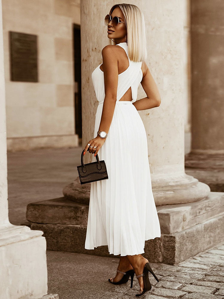 Pleated Halter Belt Maxi Dress