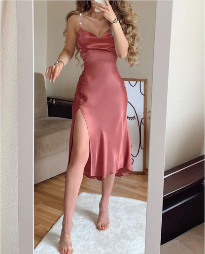 lovwvol hoco dresses Summer New A- line Dress Solid Color Chiffon Pearl Strap Dress Long Dress