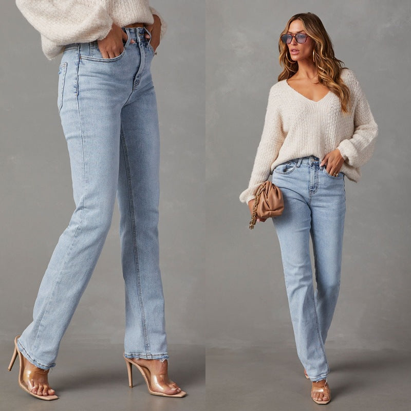 2025 New spring and autumn new high-waisted light-colored jeans women's clothing temperament commuting thin straight pants trousers