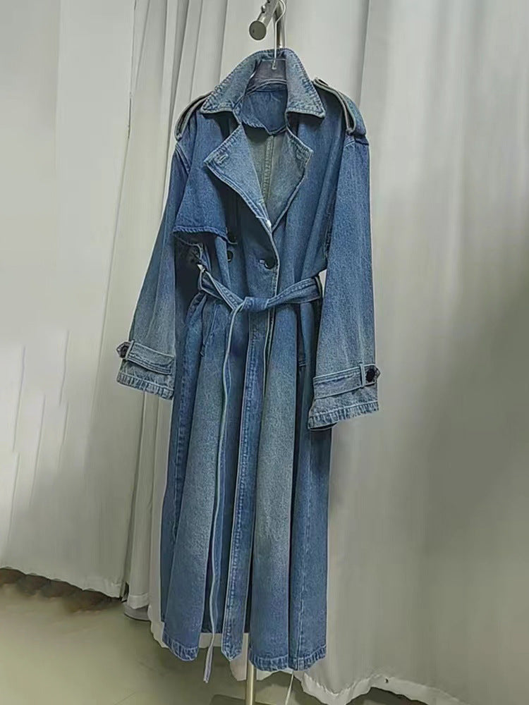 lovwvol outfit inspo European Wash Blue Denim Long Trench Coat Women's Autumn Elegant High-Grade Retro Casual Double Breasted Denim Overcoat