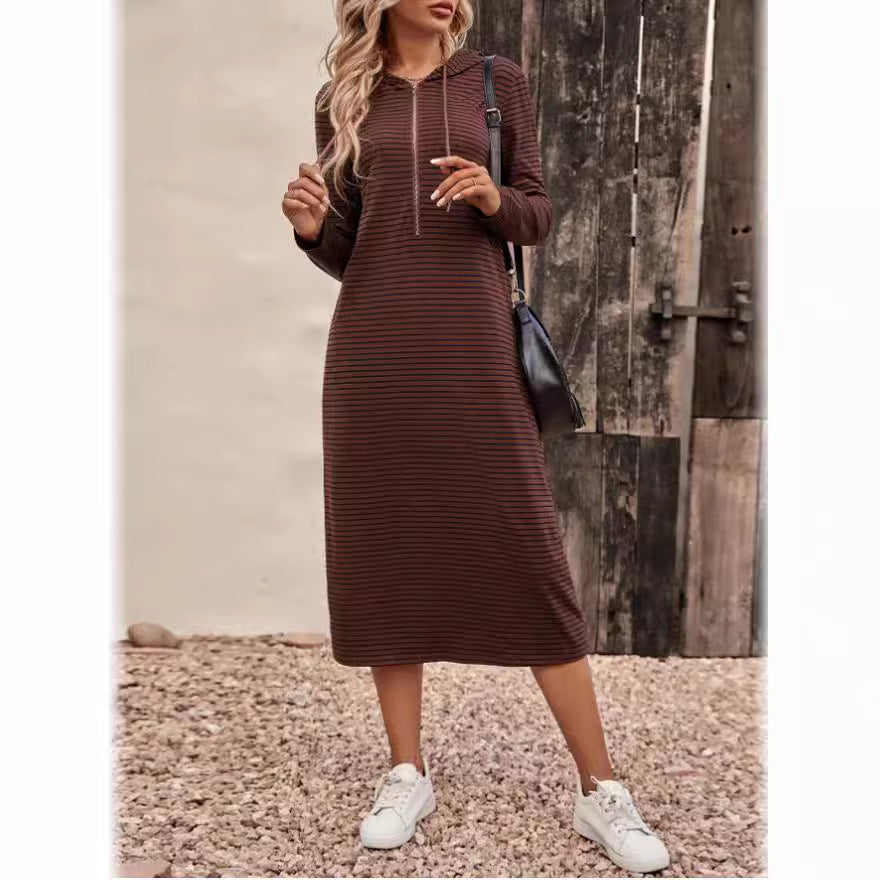 Popular trade  independent station popular 2025 autumn striped hooded slim-fitting fashion long-sleeved dress women