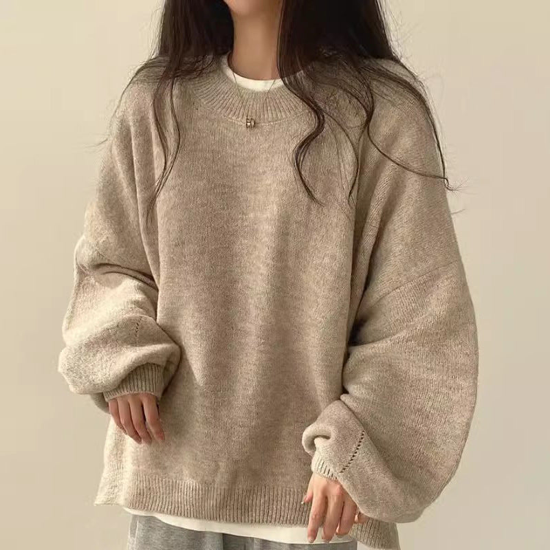 lovwvol fall fashion Chic Autumn and Winter French Style Lazy round Neck Side Slit Loose Casual All-Match Long Sleeve Warm Knitted Sweater