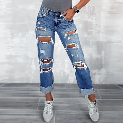 2025 Factory direct sales  New new women's ripped jeans, pockets and thin Popularan straight-leg pants and trousers