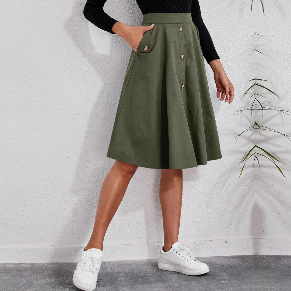 lovwvol work outfits women Women's Pocket Button Waist Elegant Umbrella Skirt French Mid-Length Skirt