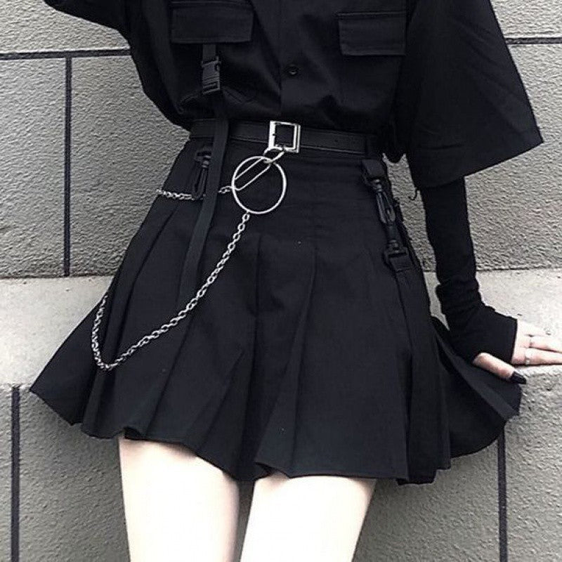 lovwvol grunge outfits Black Pleated Skirt Female Summer Student Skirt Uniform Skirt Hot Girl Tooling High Waist Word Skirt Fashion