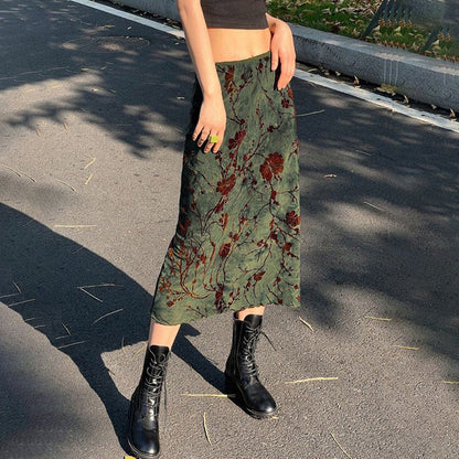 lovwvol grunge outfits American Retro Style Printed Ink Blooming High Waist Skirt Autumn and Winter Contrast Color Slim Fit Hot Girl Straight Dress