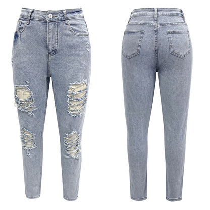 2025 Cross-border washed  women's elastic jeans  new spot light-colored ripped casual trousers