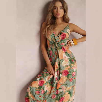 Popular trade 2025 women's clothing 2025 summer deep V sexy suspender sleeveless printed lotus leaf edge backless dress