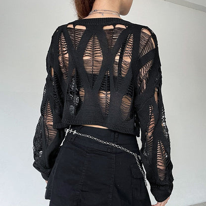 lovwvol y2k outfits Knitted Blouse T Top Summer and Autumn Women's Clothing Hot Girl Sexy Ripped Dark Hollow Long Sleeve