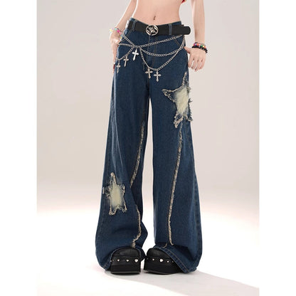 lovwvol skater boy outfits American Style High Waist Ripped Star Patch Jeans Women's Autumn Sweet Cool Hot Girl Slimming Straight Wide Leg Mopping Trousers