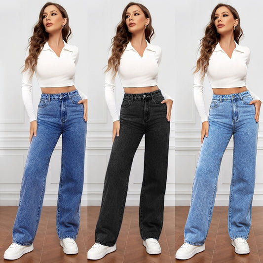 2025 new New  high-waisted washed women's jeans  long fashionable and versatile straight-leg pants