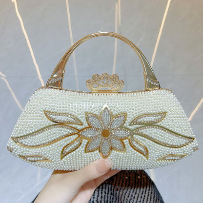 New New pearl bag, flower diamond-encrusted hand bag, high-end banquet handbag, one-shoulder messenger dinner bag.