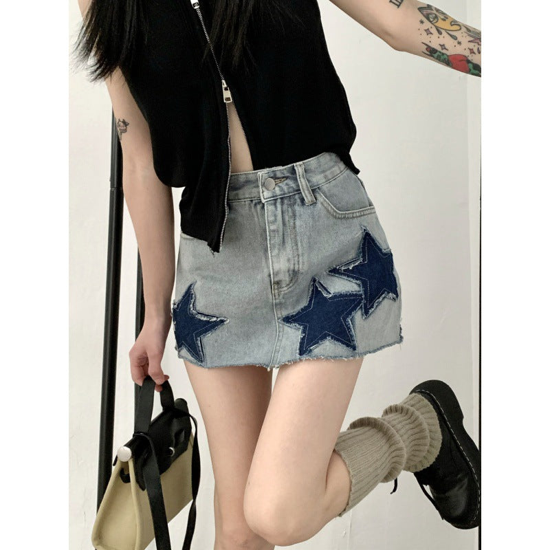 lovwvol y2k American Style Large Skirt Retro Star a Skirt Summer Hot Girl Design High Waist Slimming Denim Skirt