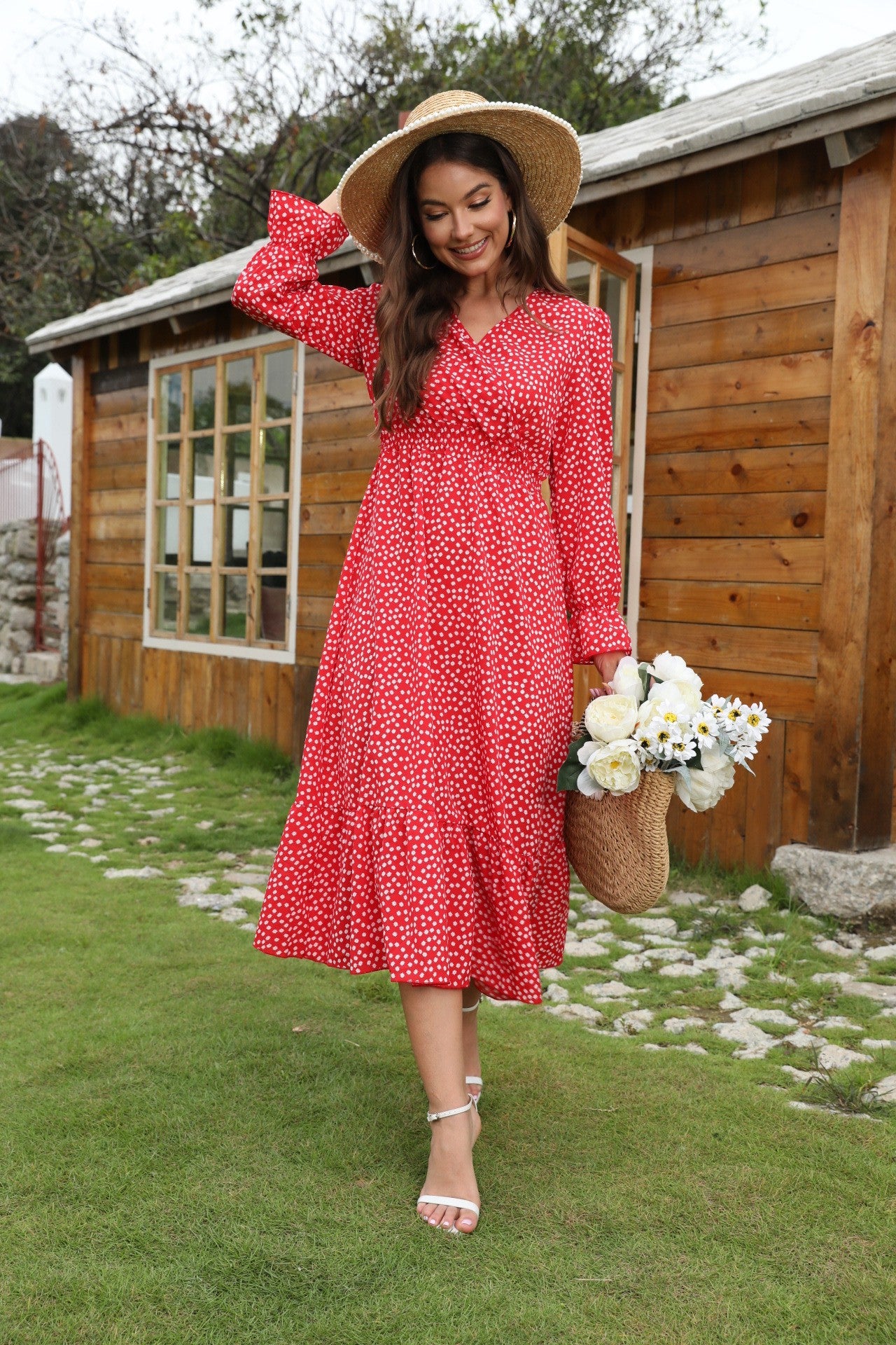 Popular trade  New popular 2025 autumn polka dot printing elegant V-neck holiday dress